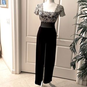 Dressy Black Jumpsuit with White and Gray Laced Top
